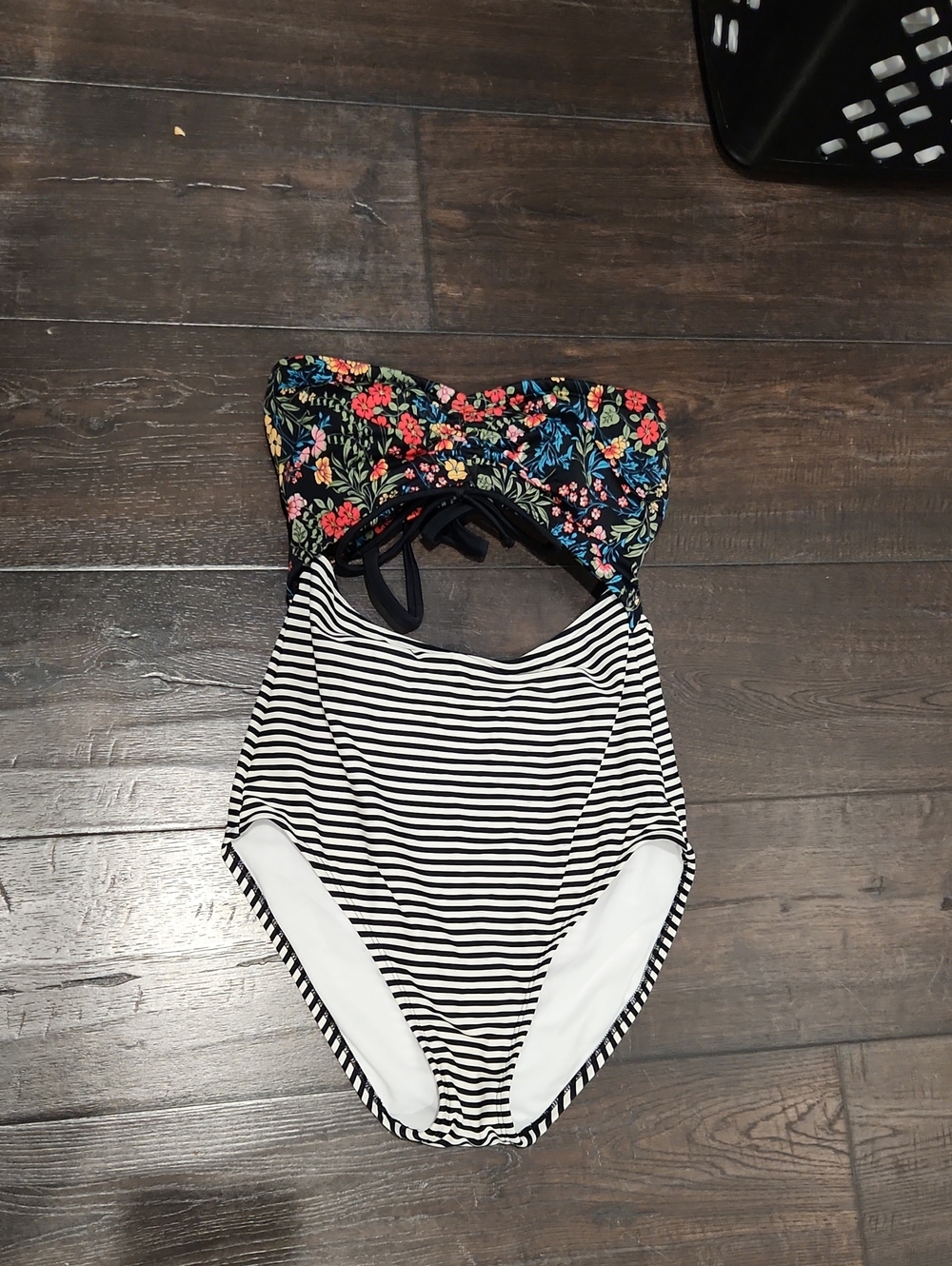 Time and Tru Black & White Striped One-Piece Swimsuit with Floral Bust